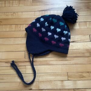 Wool Kids Navy Knit Earflap Hat with Multicolor Hearts